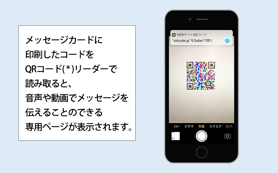 メッセージカードに 印刷したコードを QRコードリーダーで 読み取ると、 音声や動画でメッセージを 伝えることのできる 専用ページが表示されます。
